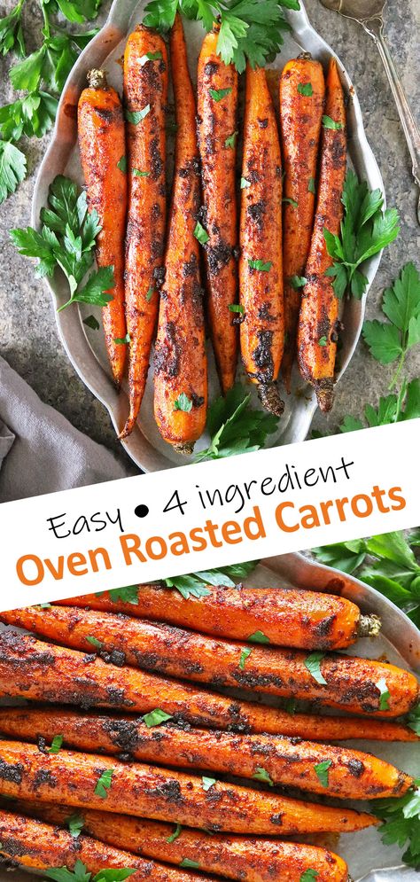 Spiced with harissa and smoked paprika, these Easy Oven Roasted Carrots are a delicious side dish made with only 5 ingredients and ready in 30 minutes. Savory Roasted Carrots Oven, Roasted Carrots And Potatoes Oven, Baby Carrots In Oven, Roast Carrots Oven, Carrot Recipes Roasted, Oven Roasted Carrots Recipe, Baked Carrots Oven, Whole Roasted Carrots, Roasting Carrots In Oven