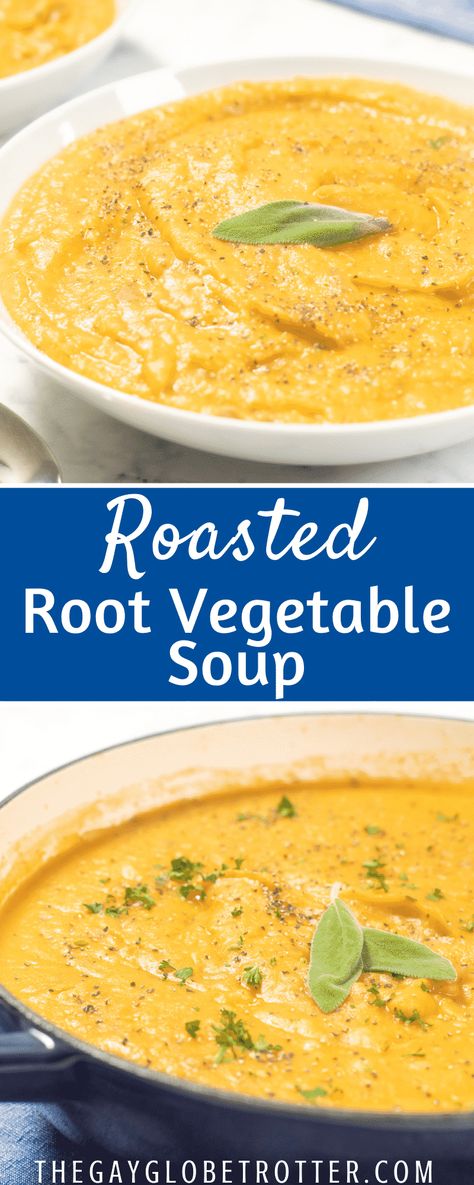 Roasted root vegetable soup has all the great flavors of roasted root vegetable medley. It's the perfect winter soup - made with sweet potatoes, butternut squash, turnips, carrots, parsnips, and onions. It's the perfect vegan, vegetarian vegetable soup recipe! #gayglobetrotter #vegetablesoup #rootvegetablesoup #roastedrootvegetablesoup #rootvegetablesouprecipe #soup #souprecipe Roasted Veg Soup, Roasted Root Vegetable Soup, Carrot Potato Soup, Carrot And Parsnip Soup, Vegetarian Vegetable Soup, Vegetable Puree Soup, Turnip Soup, Roasted Turnips, Root Vegetable Soup