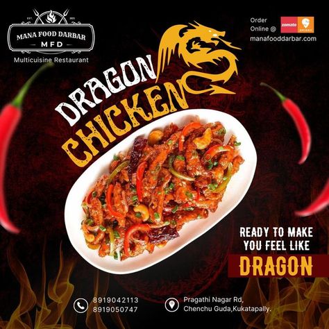 DRAGON CHICKEN Ready to make you feel like DRAGON Visit - www.manafooddarbar.com Order NOW - 8919050747/ 8919042113 Address - Pragathi Nagar Rd, Chenchu Guda, Kukatpally . . . #manafooddarbar #manafooddarbarinkukatpally #dragonchicken #dragonchickenatMFD #chicken #MFD #dragonchickenatmanafooddardar #dragons #chicken #dragon #dragonchicken #dragonchickenwings #dragonball Chicken Dragon, Dragon Chicken, Chicken Food, Biryani, Chicken Wings, Order Now, Make You Feel, Feel Like, Chicken Recipes