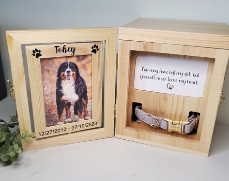 This custom Pet urn for Dogs, cats, and small animals is a perfect pet memorial. If you are visiting I am sorry for your loss and would be honored to create the final resting place for your beloved pet. Approximately 8.7 x 6 x 4 and suitable for pets 100+ lbs. and should accommodate all sized pets, even XL breed dogs. Features  -Name with dates -quote of choice or enter your own in personalization instructions - 4x6photo - cutouts to inset collar *Please send photo via Etsy Message upon ordering Dog Urn Display At Home, Dog Urns For Ashes, Pet Urns Dogs, Dog Biscuit, Dog Urns, Cat Urns, Biscuit Recipes, Pet Urn, Sorry For Your Loss