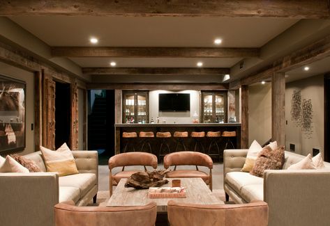 These Rustic Basement Ideas Will Take Your Downstairs From Dark to Smart Country Living Room Furniture, Contemporary Basement, Distressed Wood Wall, Dark Basement, Basement Lighting, Rustic Basement, Modern Rustic Living Room, Game Room Basement, Dark Blue Walls