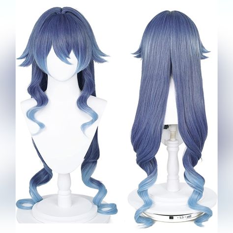 Genshin Impact Layla Cosplay Wig Blue Long Length New Curly Hair Straightening, Layla Cosplay, Genshin Impact Layla, Genshin Impact Sumeru, Genshin Impact Cosplay, Halloween Party Props, Hair Sketch, Blue Wig, Hair Straightening