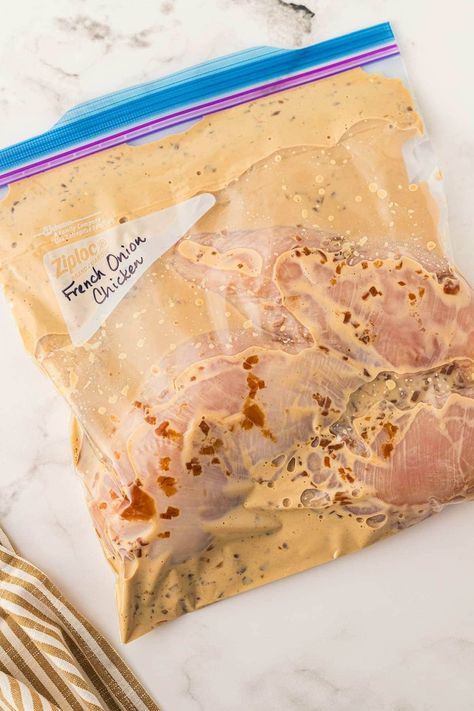 Slow Cooker French Onion Chicken (Freezer Meal) - Make-Ahead Meal Mom Marinated Chicken Freezer Meals, Chicken Marinade Freezer Meal Prep, Freezer Meal Recipes Make Ahead, Freezer Chicken Marinade, Freezer Meals Make Ahead Crock Pot, Chicken Freezer Meals Make Ahead, Freezer Chicken Meals, Roast Freezer Meal, Chicken Freezer Meals Crockpot