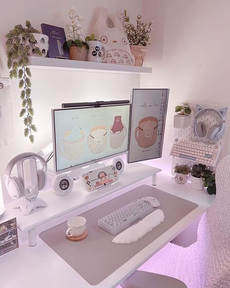 Womens Gaming Setup, Computer Set Up, Gaming Set Up, Pc Set Up, Decorating Desk, Cute Gaming Setup, Aesthetic Gaming Setup, Computer Desk Ideas, Pc Aesthetic