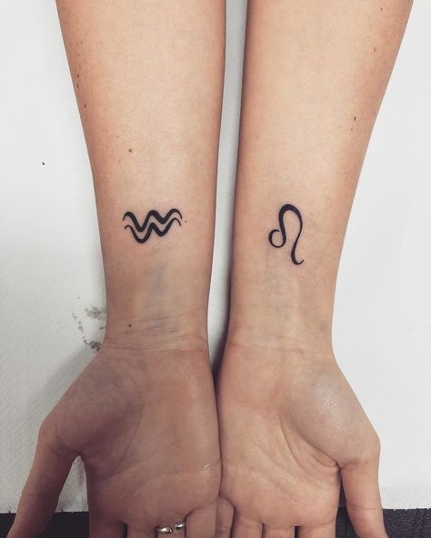 CafeMom.com : Minimalist Sign Zodiac Tattoos : 50 Zodiac Tattoos That Are Out of This World -- Sometimes just the symbol in black ink does the trick! These minimalist arm tattoos are really cute and they have a similar line style that makes them coordinate. Leo Sign Tattoo, Aquarius Constellation Tattoo, Leo Constellation Tattoo, Leo Zodiac Tattoos, Leo Tattoo Designs, Inspo Tattoo, Aquarius Tattoo, Virgo Tattoo, Leo Tattoos