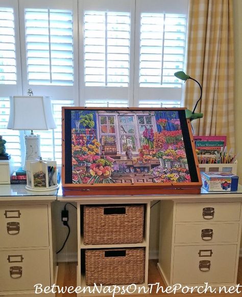 How I Work a 1,000 Piece Puzzle & Answering Your Puzzle Board Questions – Between Naps on the Porch Puzzle Room Ideas, Diy Puzzle Board, Puzzle Corner, Puzzle Room, Apartment Planning, Miracle Cleaner, Diy Puzzle, Puzzle Table, An Affair To Remember