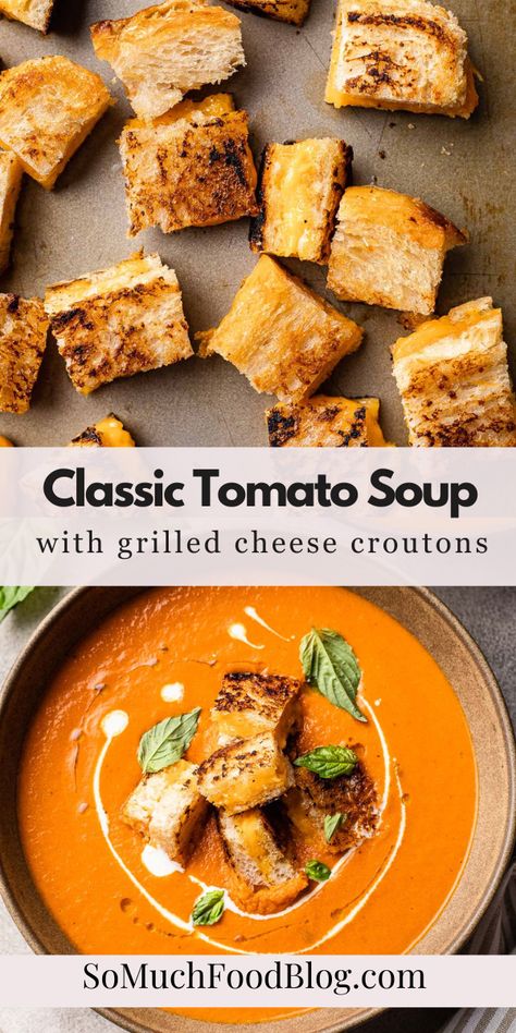 Roasted Tomato Basil Soup With Grilled Cheese Croutons, Tomato Soup Grilled Cheese Croutons, Tomato Soup With Grilled Cheese Croutons, Grilled Cheese Bites And Tomato Soup, Crockpot Tomato Soup, Grilled Cheese Bites, Tomato Soup With Grilled Cheese, Bridal Lunch, Soup With Grilled Cheese