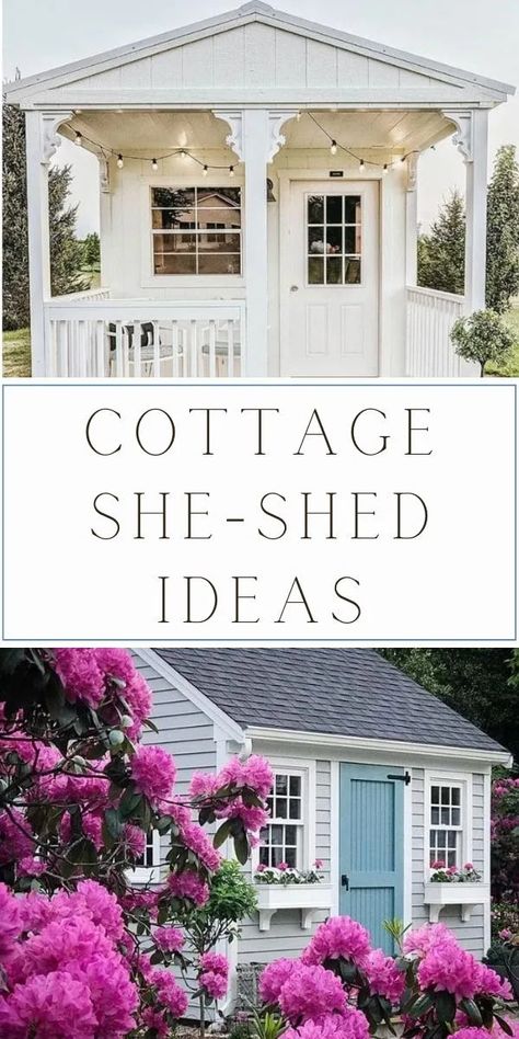 10 amazing cottage like she sheds ideas. These interior woman caves are charming getaways from boho to Victorian to farmhouse. Great for craft rooms, office, gardening work space, greenhouse. You can buy shed kits or DIY your own custom shed. Fun decorating ideas. Grey, gray, white, blue, window boxes, porch, cupola, lights and more. She shed exterior ideas, she shed house, she shed ideas, she shed decor, she shed decoration ideas, she shed decorating, she shed studio Beautiful Sheds Ideas, Blue Shed Ideas, Cute Sheds Cottage Style, Cottage Style Shed, Cottage Shed Ideas, Shed With Porch Ideas, She Shed Interior Work Spaces, White She Shed, Rustic She Shed Interior Ideas