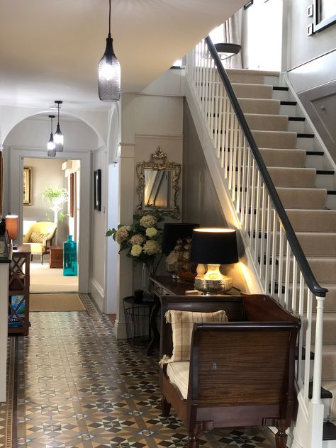 Minton Tiles Hallway, Victorian Terrace Staircase, Black Handrail, Painted Staircase, Hallway Tiles Floor, Minton Tiles, Victorian Hall, Carlton House, Victorian Hallway