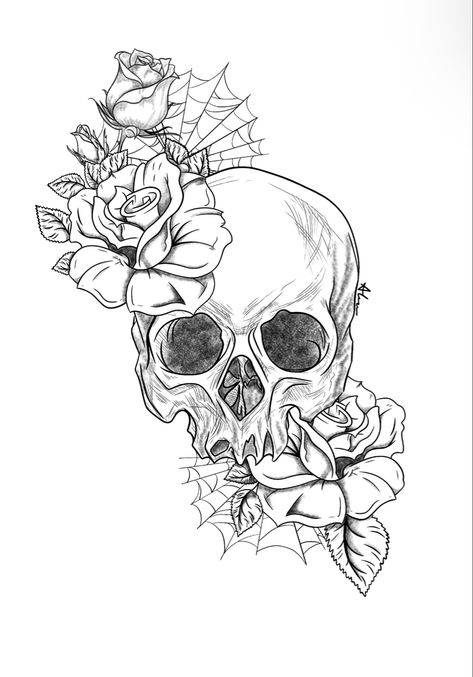 Skull Tattoo Flowers, Skull Rose Tattoos, Skull Coloring Pages, Doodle Tattoo, Spooky Tattoos, Tattoo Design Book, Skull Artwork, Roses Drawing, Skull Drawing