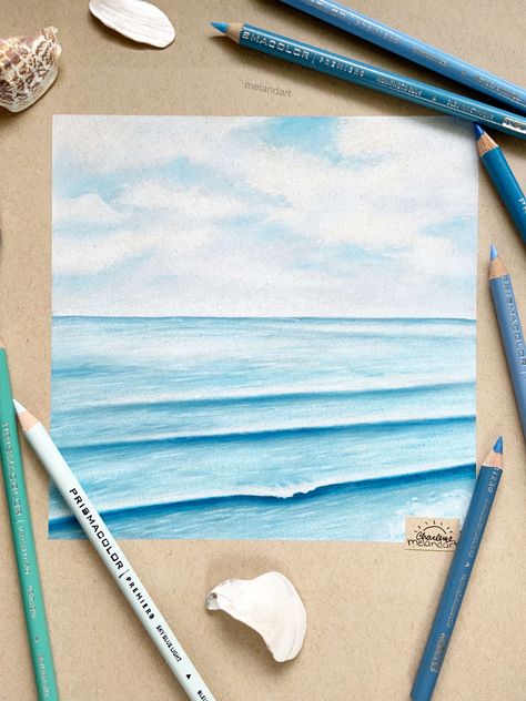 Calming ocean drawing created with Prismacolor pencils on Strathmore toned tan paper. Sea Drawing Colored Pencil, Ocean Color Pencil Drawing, Beach Colored Pencil Drawing, Ocean Drawing Pencil, Sea Drawing Pencil, Sea Pencil Drawing, Toned Tan Paper Drawing, Doodle Stitch, The Sea Drawing