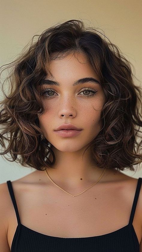 Short Hair Wavy Natural Round Face, Chin Length Hair Curly Waves, Face Framing Short Curly Hair, Lob For Curly Hair, Short Curly Haircuts With Curtain Bangs, Above The Shoulder Curly Hair, Short Curly Hair Long Layers, Wavy Short Hair Round Face, Above Shoulder Length Hair Curly