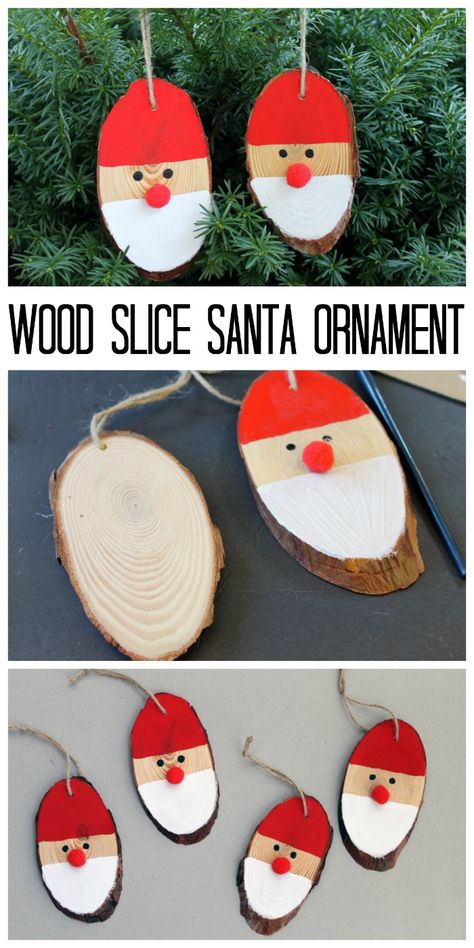 Wood Slice Santa Ornament for your Christmas Tree - a quick and easy holiday craft idea! Perfect for crafting with kids! Wood Slice Santa, Diy Santa Ornaments, Christmas Diy Kids, Easy Holidays Crafts, Wooden Christmas Crafts, Craft For Kids, Homemade Christmas Gifts, Christmas Crafts For Kids, Christmas Wood