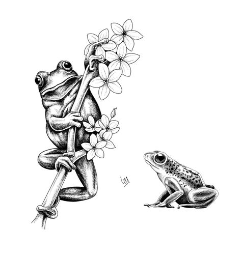 Flower Frog Tattoo, Back Of Thigh Tattoo, Rainforest Frog, Tree Frog Tattoos, Wildlife Tattoo, Frog Tattoo, Sister Tattoo, Frog Tattoos, Leg Sleeve