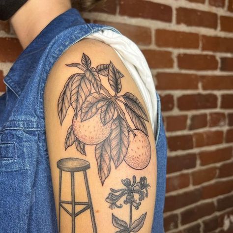 Adeline Engeman on Instagram: "Orange branch for Gigi above some healed guys by @rippintattoos ❤️‍🔥 Thank you love!!" Orange Tattoo Black And White, Orange Branch Tattoo, Creature Tattoo, Orange Tattoo, Orange Branch, Fruit Tattoo, Branch Tattoo, Orange Fruit, Tattoo Inspo