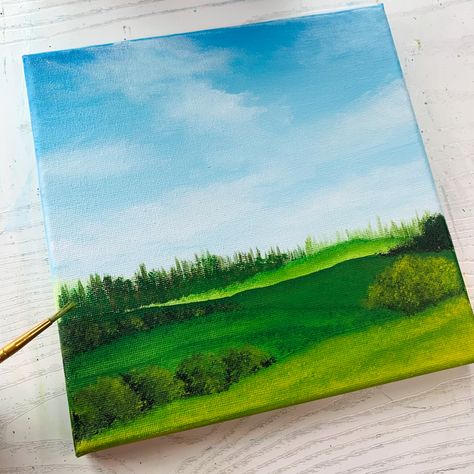 Blue Green Landscape Painting, Easy Green Paintings For Beginners, Meadow Painting Acrylic Easy, Blue Sky Landscape Painting, Meadow Drawing Simple, Blue Sky Painting Easy, Blue Sky Painting Acrylic, Simple Sky Painting, Acrylic Sky Painting