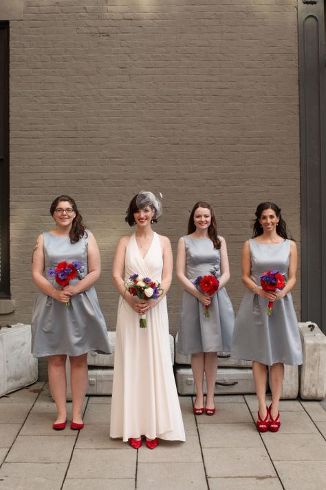 Not crazy about the color or dresses but like the red shoes and bouquet combo Bridal Entourage, Bridesmaid Dress Shoes, Silver Bridesmaid Dresses, Silver Bridesmaid, Black Bridal, Black Bridesmaid Dresses, Gray Weddings, Sister Wedding, Vintage Bridal