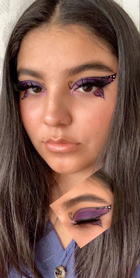 Butterfly Eye Makeup Aesthetic, Butterfly Wing Eye Makeup, Buterfluffy Makeup, Face Art Makeup Aesthetic, Butterfly Eyeshadow Look, Makeup Papillon, Easy Butterfly Makeup, Simple Butterfly Makeup, Butterfly Costume Makeup