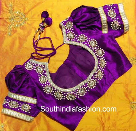 puff_sleeves_blouse_for_silk_sarees Manche, Pot Neck, Puff Blouse, Blouse Designs Catalogue, Sari Design, Pattu Saree Blouse Designs, Wedding Blouse Designs, Silk Saree Blouse Designs, Ladies Blouse Designs