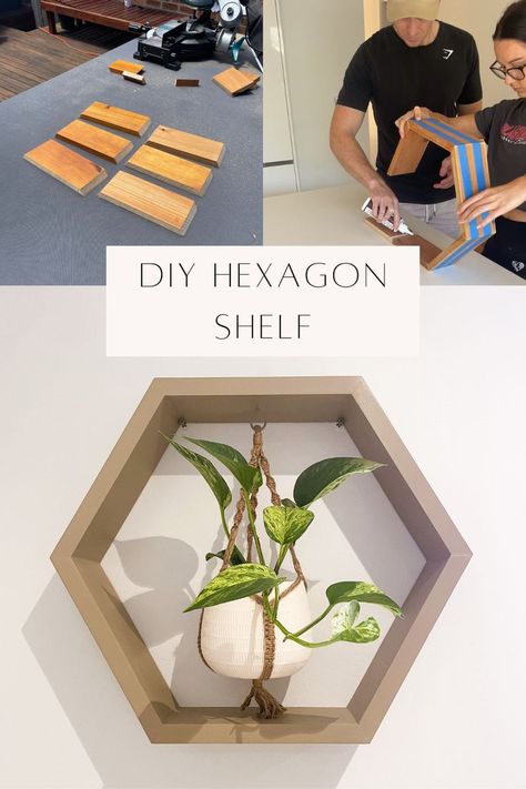 Hexagon Shelf Ideas, How To Make Hexagon Shelves, Hexagon Shelf Diy, How To Make A Hexagon, Wood Hexagon Shelves, Wooden Hexagon Wall Decor, Wood Offcuts Ideas, Diy Hexagon Shelves, Hexagon Shelf Decor