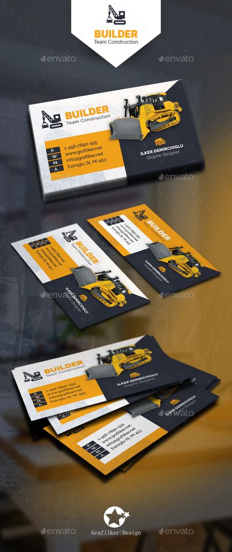 Construction Business Card Templates by grafilker | GraphicRiver Contractor Business, Business Postcards, Unique Business Cards Design, Construction Business Cards, Make Business Cards, Business Christmas Cards, Business Card Template Psd, Modern Business Cards Design, Professional Business Card Design