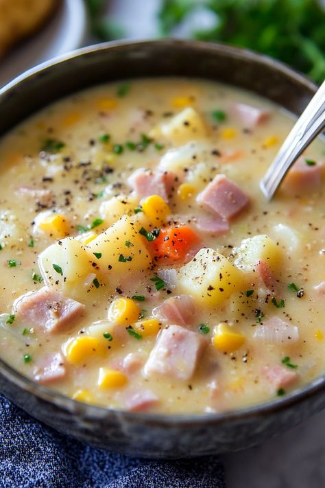 Ham and Corn Chowder is the ideal soup—it's simple to prepare, wonderfully rich and creamy, and a universal favorite! My family consistently opts for a juicy Honey Baked Ham for our holiday meals, although I have a soft spot for a classic roast turkey with stuffing. However, majority rules! I always prepare an extra-large ham Ham And Potato Corn Chowder, Chowder Recipes Crockpot, Ham And Corn Chowder, Corn Chowder Crockpot, Turkey With Stuffing, Potato And Corn Chowder, Crockpot Ham And Potatoes, Ham Chowder, Corn Chowder Soup