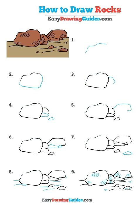 Learn How to Draw Rocks: Easy Step-by-Step Drawing Tutorial for Kids and Beginners. #rocks #drawingtutorial #easydrawing See the full tutorial at https://easydrawingguides.com/how-to-draw-rocks-really-easy-drawing-tutorial/. How To Draw Greenery, Rock Sketch, Draw Rocks, Drawing Rocks, Easy Drawing Tutorial, Drawing Tutorials For Kids, Drawing Tutorial Easy, Nature Drawing, Step Drawing