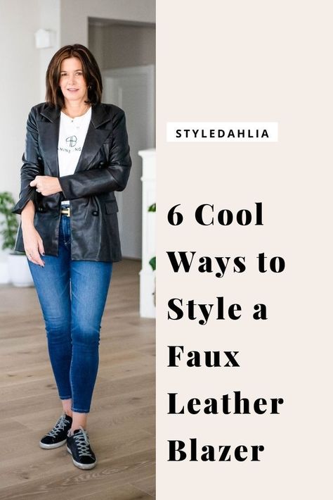 How to rock a faux leather blazer for all the things we wish we could do this year. #styledahlia #fallstyle #falltrends #fallfashion #wintertrends #winterfashion #winterstyle #fauxleather #blazer #fauxleatherjacket Black Faux Leather Shacket Outfit, Leather Blazer Styling, Style Black Leather Blazer, Womens Leather Blazer Outfit, Faux Leather Blazer Outfit Winter, How To Wear A Black Leather Blazer, Black Leather Blazer Outfits For Women, How To Style A Black Leather Blazer, How To Style Leather Blazer