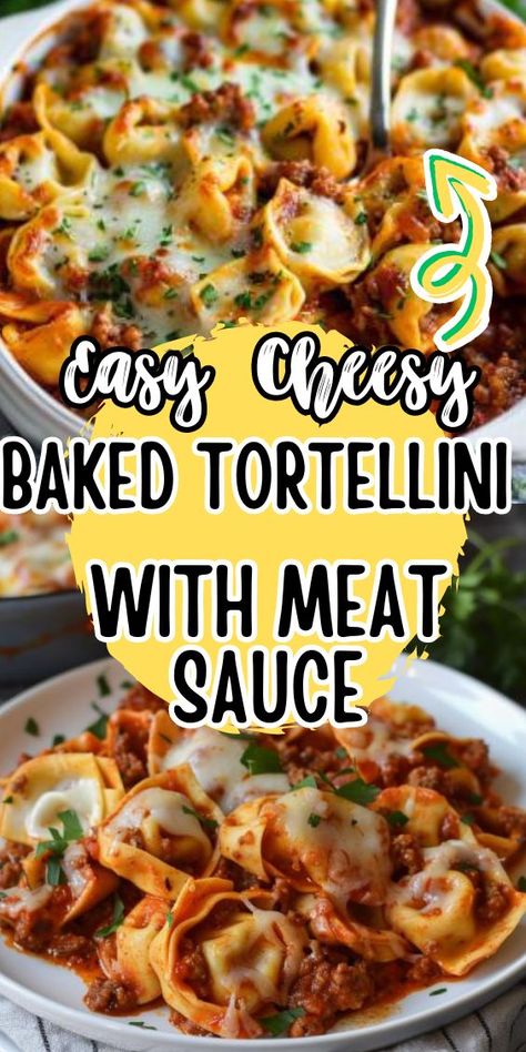 Easy Cheesy Baked Tortellini with Meat Sauce – a hearty and satisfying dish that's perfect for cozy family dinners or casual gatherings with friends. Picture tender cheese-filled tortellini enveloped in a savory meat sauce, topped with a generous layer of melted cheese and baked to Easy Cheesy Baked Tortellini, Tortellini With Meat Sauce, Baked Tortellini Recipes, Cheesy Baked Tortellini, Baked Tortellini Casserole, Cheese Tortellini Recipes, Baked Tortellini, Tortellini Bake, Meat Sauce Recipes