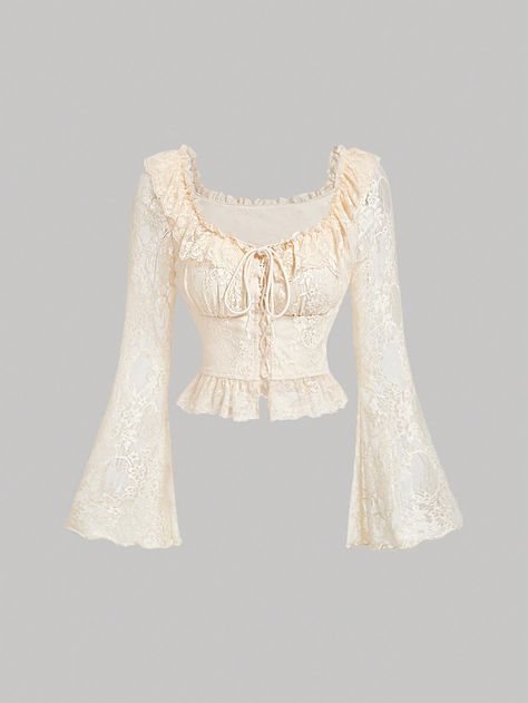 SHEIN MOD Women's Fitted Cream Lace Bell Sleeved T-Shirt,Ruffled Square Neckline,Homecoming T-Shirt ,Cruise Women Outfits,Country Tops,Fall/Winter T-Shirt,Birthday T-Shirt,Women Vintage Clothes,Teacher Shirts,Lace Graphic T Shirt,Lace TopI discovered amazing products on SHEIN.com, come check them out! Bell Bottom Sleeve Shirt, Dirndl, Cream Color Clothes, Bell Sleeve Outfit, Lace Blouse Styles, Thrift Inspiration, Lace Top White, Fashion Preppy, Winter T Shirts