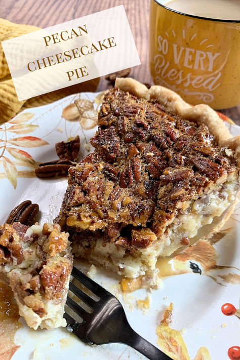 A piece of pecan cheesecake pie with a gold cup sitting behind it. Pecan Cheesecake Pie, My Country Table, Pecan Pie Cheesecake, Pecan Pie Filling, Pecan Cheesecake, Berry Recipes, Cheesecake Pie, Scrumptious Food, Country Table