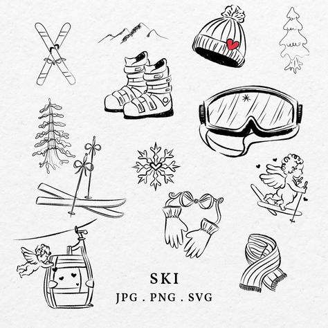 Skiing Doodles Easy, Snowboarder Drawing Simple, Fine Line Ski Tattoo, Ski Boot Tattoo, Ski Line Art, Ski Illustration Drawings, Ski Drawing Simple, Ski Tattoo Simple, Snowboard Doodle