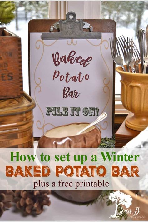 Get ideas for a Winter Baked Potato Bar for easy, satisfying entertaining. Grab a free printable as a backdrop and get styling and ingredient tips. Various ingredients will keep your guests happy! Christmas Salad Bar Ideas, Winter Food Bar Ideas, Baked Potato Bar Ideas For A Crowd, Potato Party Decorations, Winter Party Food Ideas, Baked Potato Bar Ideas, Potato Bar Ideas, Potato Bar Party, Baked Potato Bar Toppings