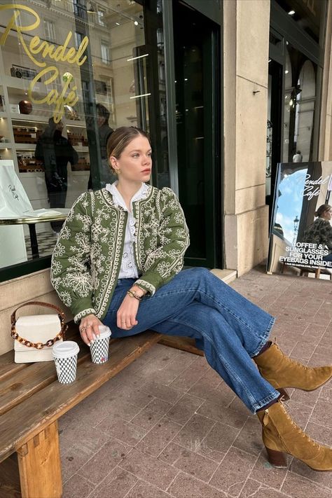 Sezane Boots Outfit, Khaki Shoes Outfit, Sezane Aesthetic, Sezane Winter, Embroidered Jacket Outfit, Sezane Style, Embroided Jacket, Sezane Clothing, Sezane Outfit