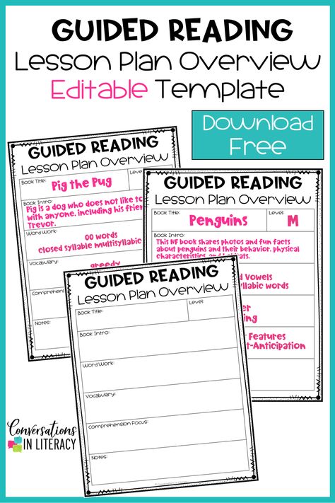 Free, editable Guided Reading Lesson Plan Overview Template to help teachers make lesson planning easier and more organzied! #guidedreading #classroomorganization #classroom #conversationinliteracy #literacy #lessonplans #readinginterventions #elementary #kindergarten #firstgrade #secondgrade #thirdgrade Kindergarten Guided Reading Lesson Plans, Guided Reading Template, Guided Reading Lesson Plan Template, Kindergarten Reading Lessons, Kindergarten Lesson Plans Template, Small Group Reading Activities, Guided Reading Lesson Plans, Reading Template, Lesson Plan Template Free