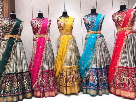 Patola Silk Lehenga, Grand Half Saree Designs, Patola Half Saree Designs, Patola Half Sarees, Ikkat Half Saree Designs, Patola Lehanga, Patola Lehenga, Half Saree Set, Traditional Half Saree