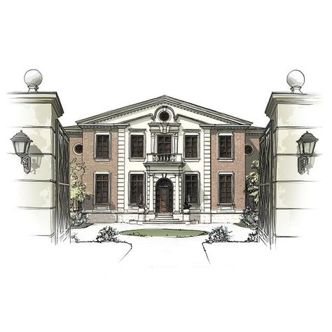 Neoclassical Architecture Drawing, Mansion Sketch, Gatsby Poster, Mansion Drawing, Gatsby House, Simple House Drawing, Neoclassical House, Big Mansions, Baroque Era