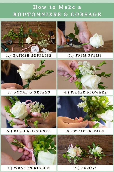 Diy Corsage Wristlet, Prom Corsage Diy, Make A Boutonniere, Diy Boutonniere Wedding, How To Make Corsages, Boutonniere And Corsage, Diy Wrist Corsage, Diy Flower Projects, Diy Boutonniere