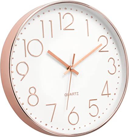 Foxtop Modern Wall Clock 12 Inch Non-Ticking Silent Battery Operated Round Quartz Rose Gold Gold Office Accessories, Rose Gold Office, Kids Wall Clock, Gold Wall Clock, Gold Office, Living Room Clocks, School Decor, Rose Gold Frame, Modern Wall Clock