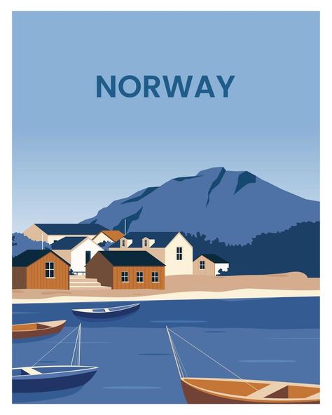 Norway poster Background. Traveling to Tromso Norway. vector illustration with minimalist style suitable for poster, postcard, art print. Norway Poster, Tromso Norway, Travel Ads, Nordic Countries, Norway Travel, Postcard Art, Poster Background, Tromso, Travel Illustration