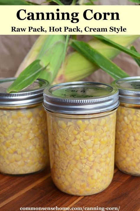 Canning corn means no spoilage if the power goes out, and homegrown corn all year long. We'll help you learn how to can corn three ways - raw pack, hot pack, and cream style. Canning Cream Corn, How To Can Corn, Canned Corn Recipes, Pickled Corn, Freezing Corn, Canning Corn, Homemade Cream Corn, Can Corn, Pressure Canning Recipes