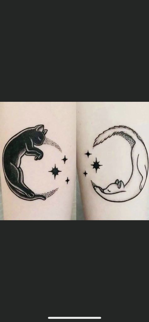 Kitty, yin yang, moon, stars, cat tattoo Star Sleeve Tattoo, Cat Yin Yang, Cat Lover Tattoo, Tattoo Gato, Pet Memorial Tattoo, Partner Tattoos, Yin Yang Tattoo, Ying Yang Tattoo, Twin Tattoos