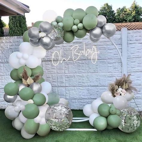 Green White And Silver Balloon Garland, Green And Silver Birthday Decorations, Green And Silver Balloon Garland, Sage And Silver Wedding, Sage Green Balloon Arch, Silver Balloon Arch, Baby Shower Verde, Balloon Arch Wedding, Pastor Anniversary