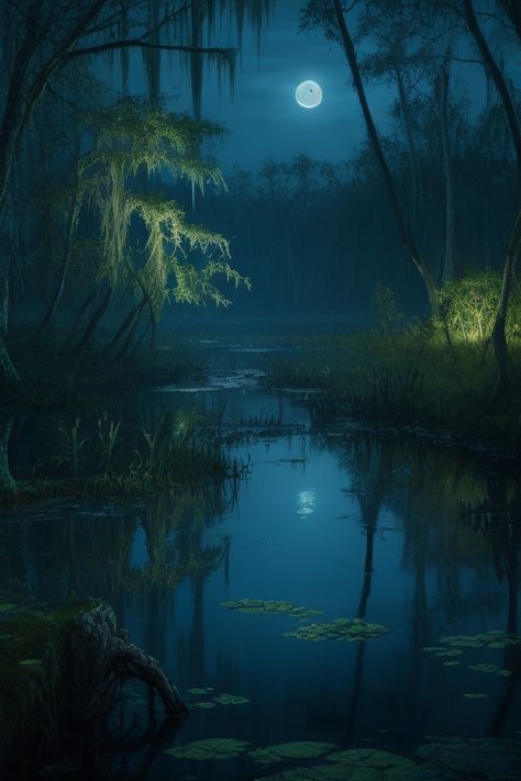 Moonlight Landscape Painting, Swamp Village Fantasy Art, Swamp Landscape Art, Swamp Mansion, Bayou Wallpaper, Swamp Drawing, Swamp At Night, Swamp Background, Swamp Photography