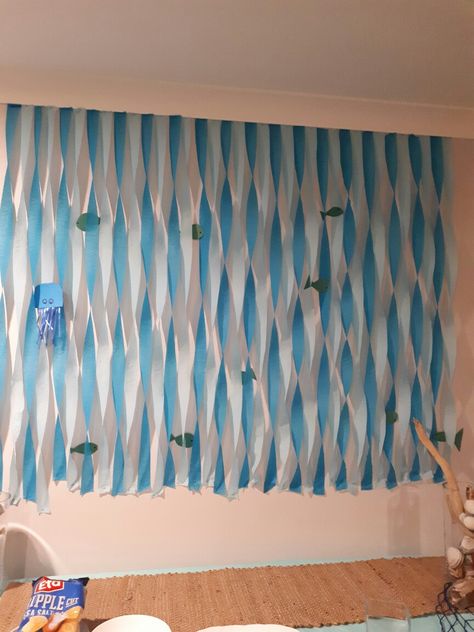 Ocean backdrop with crepe paper for under the sea themed party Diy Sky Backdrop, Nautical Themed Party Backdrop, Under The Sea Backdrop, Ocean Castle, 60th Wedding Anniversary Decorations, Tissue Paper Pom Poms Diy, Crepe Paper Backdrop, Blue Table Decorations, Sea Backdrop