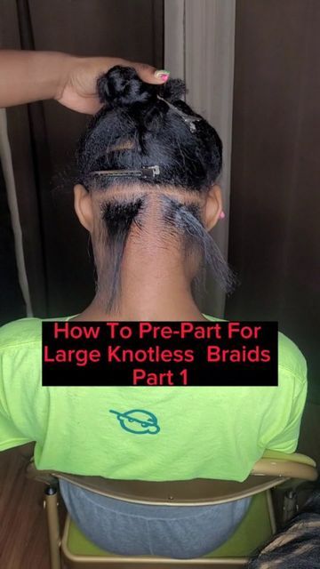 Hairstylist & Nail Tech -MD, DC, VA on Instagram: "🚩How To Pre-Part For Large Knotless Braids 🚩Save and Try For Later. Follow To See A Continuation For Part 2. Did this help? Comment Below👇🏽Follow For More hair tutorials. 💎PART FROM EAR TO EAR ( Nape Area)❗️ 💎PART FROM EAR TO EAR ( Crown Area) 💎THEN MAKE A MIDDLE PART. 🚩IN THE NAPE AREA. IT SHOULD BE 2 ROWS. THE FIRST ROW SHOULD HAVE 2 BOXES FOR LARGE BRAIDS. 🚩 ❗️Are you having trouble braiding? ❗️Do you want to learn how to Twists? ❗️I Large Box Knotless Braids, Large Parts Box Braids, Jumbo Knotless Box Braids Parting Chart, Knotless Braids Large Parts, Parting For Large Knotless Braids, Parting For Jumbo Box Braids, How To Part For Knotless Braids, Large Knotless Box Braids Parting, Large Braids