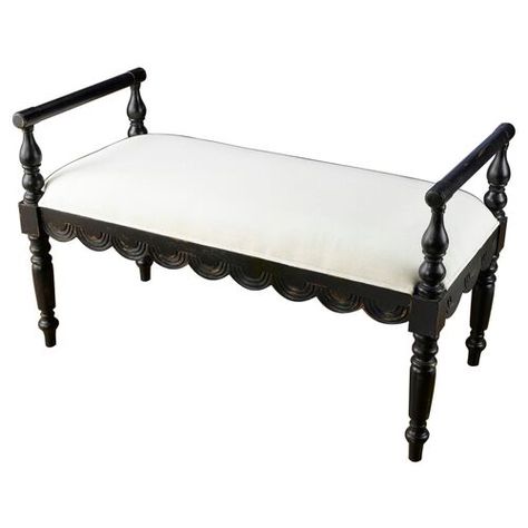 Elegantly upholstered in ivory linen, this mindi-wood framed bench works well with a variety of decors. At almost four feet wide, it is the perfect addition to an entry, hallway, or behind a sofa. Its classic black finish and intricately carved designs complete the look of the piece. Linen Bench, Entry Furniture, Piano Bench, End Of Bed Bench, Affordable Modern Furniture, Living Room Bench, Luxury Home Furniture, Bed Bench, Up House