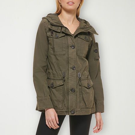 Stay effortlessly cool with this Levi's women's hooded anorak jacket. Made from 100% cotton, this military-style jacket has a lived-in look and utility pockets making it the perfect transitional style outerwear piece for off-duty days paired with jeans and boots. It comes complete with a button-zip closure and drawstring waist to create a more tailored silhouette. Features: Hooded, Hanger Loop On BackClosure Type: Zipper, ButtonPockets: 2 Chest Button Pockets, 2 Front Button PocketsSleeve Length: Long SleeveWarmth Factor: MidweightOuterwear Length: ShortFiber Content: 100% CottonFabric Description: CanvasFilling Content: 100% PolyesterLining Material: PolyesterCoat Style: AnoraksCollar: Spread CollarCare: Machine Wash, Tumble DryCountry of Origin: Imported Military Style Jackets, Cargo Jacket, Levis Women, Anorak Jacket, Military Fashion, Sweater Jacket, On Back, Jeans And Boots, Drawstring Waist