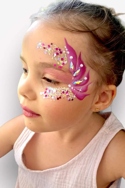 Fairy Princess Face Paint, Flamingo Face Makeup, Kid Fairy Makeup, Unicorn Facepainting Kids Easy, Fairy Face Paint Easy For Kids, Angel Face Painting, Kid Face Painting Ideas, Bluey Face Painting Ideas For Kids, Fairy Face Paint Easy