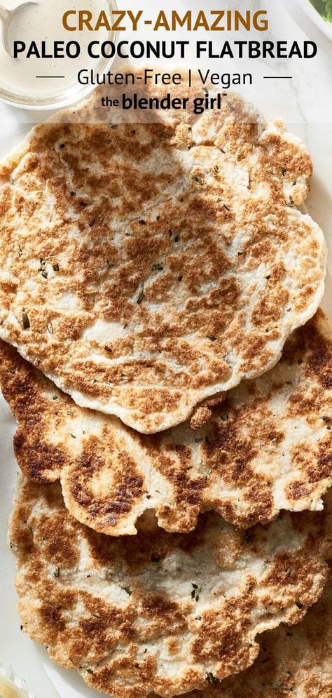 Paleo Flatbread with Coconut Flour {Gluten-Free, Vegan} - The Blender Girl Paleo Flatbread Recipe, Paleo Pita Bread, Coconut Flour Flatbread, Recipe With Coconut Flour, Naan Bread Vegan, Paleo Flatbread, Gluten Free Flatbread, Coconut Flour Bread, Aip Desserts